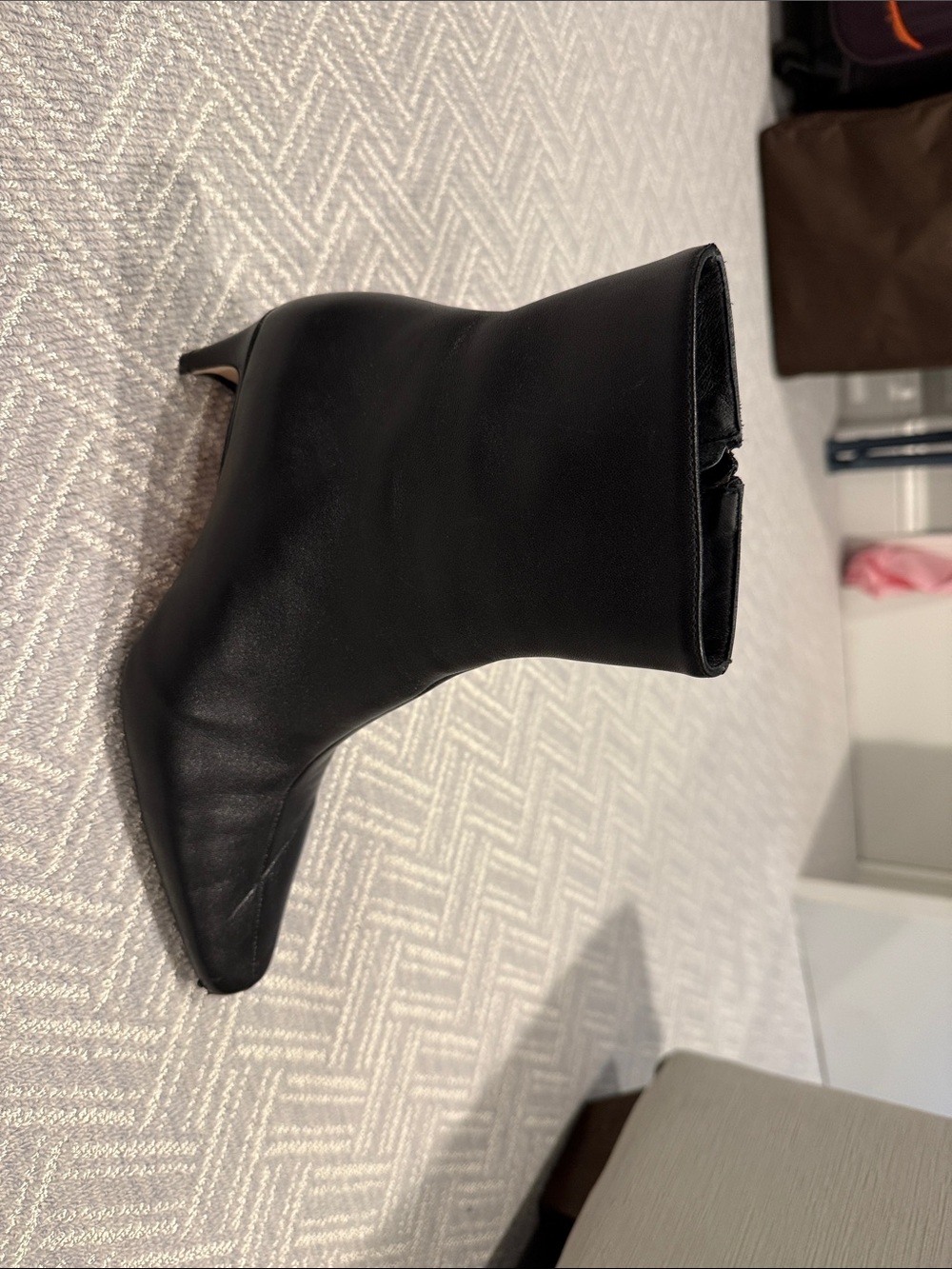 STAUD Black Pointed-Toe Ankle Boots with Kitten Heel